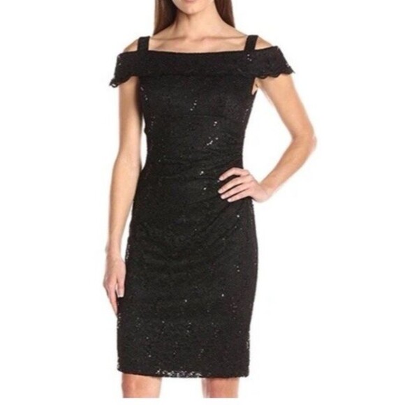 R&M Richards Black Sequin Off Shoulder Sequin Cinch Waist Formal Dress Sz 14P - Picture 1 of 11